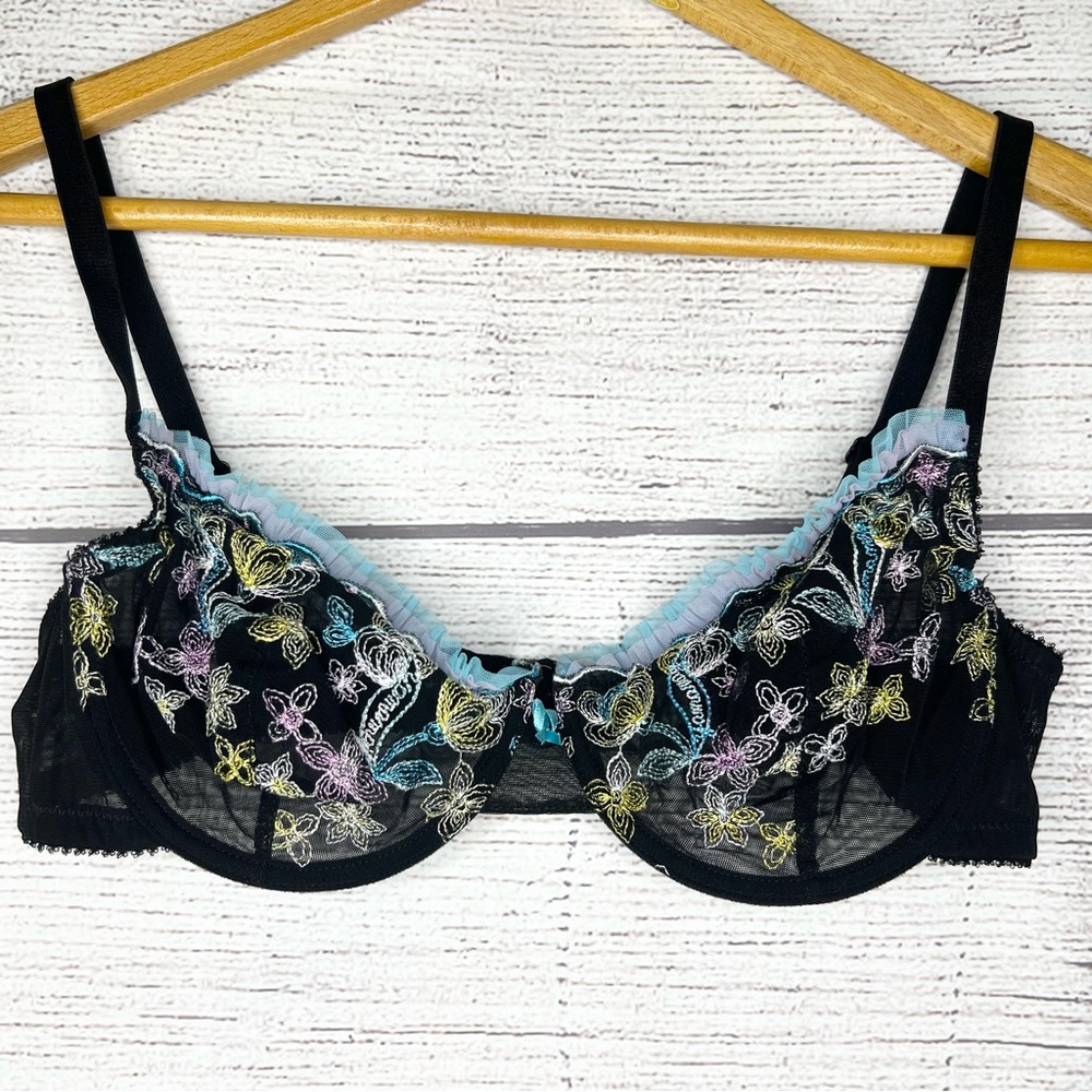 Yamamay Floral Embroidered Sheer Black Bra Size 34C